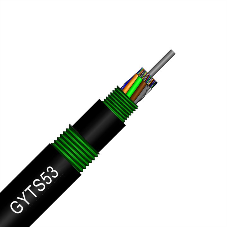 2-864 غلاف پلی اتیلن زرهی نوار فولادی دو هسته ای کابل فیبر نوری لوله شل رشته ای GYTS53